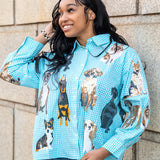 Queen of Sparkles Aqua Gingham Queen of Dogs Button Up Long Sleeve Top