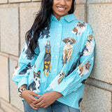 Queen of Sparkles Aqua Gingham Queen of Dogs Button Up Long Sleeve Top