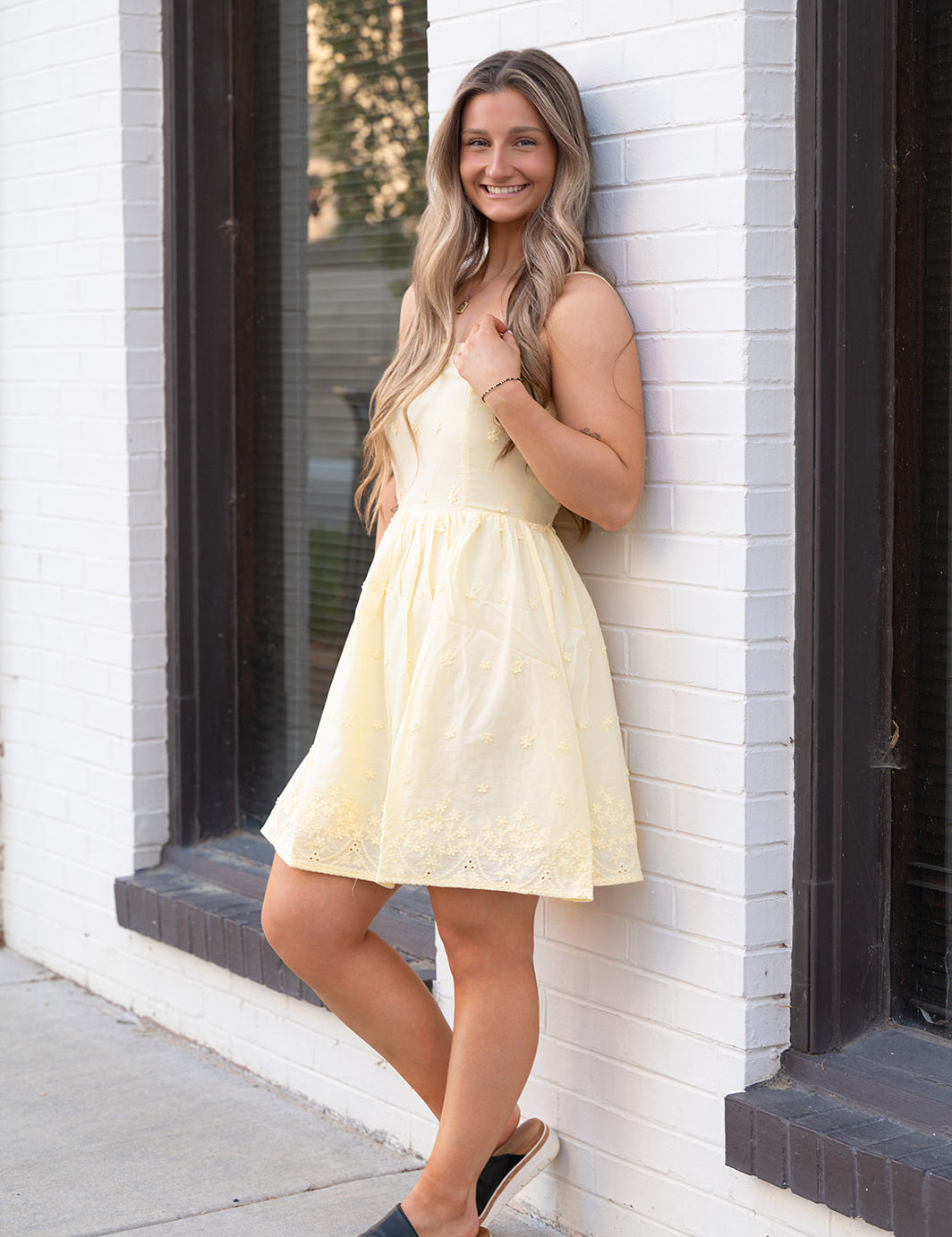 Yellow Floral Embroidered Mini Dress - Shell