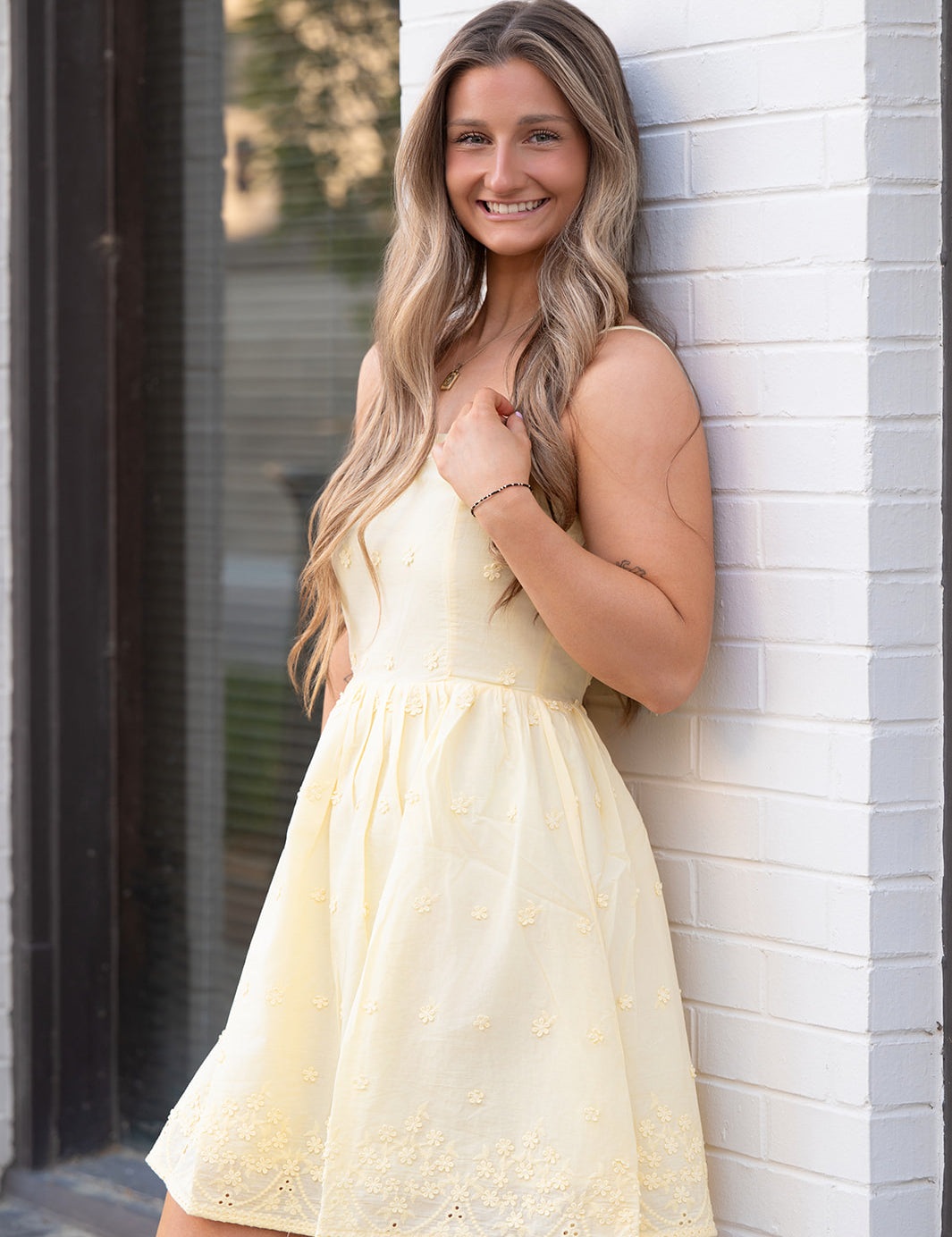 Yellow Floral Embroidered Mini Dress - Shell