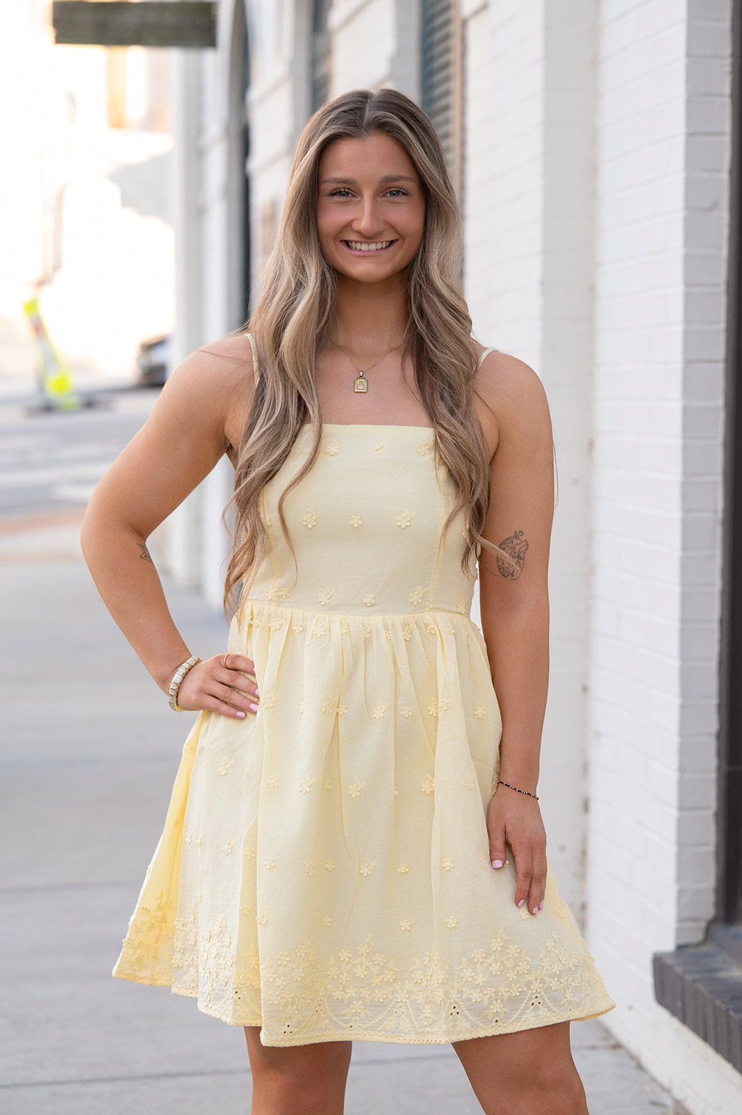 Yellow Floral Embroidered Mini Dress Small Yellow Floral Embroidered Mini Dress Small