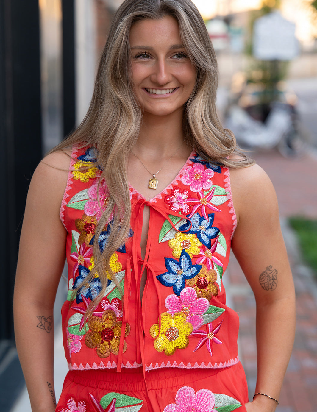 Queen of Sparkles Orange Multi Floral Sequin Lace-Up Tank Top