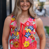 Queen of Sparkles Orange Multi Floral Sequin Lace-Up Tank Top