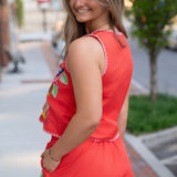 Queen of Sparkles Orange Multi Floral Sequin Lace-Up Tank Top