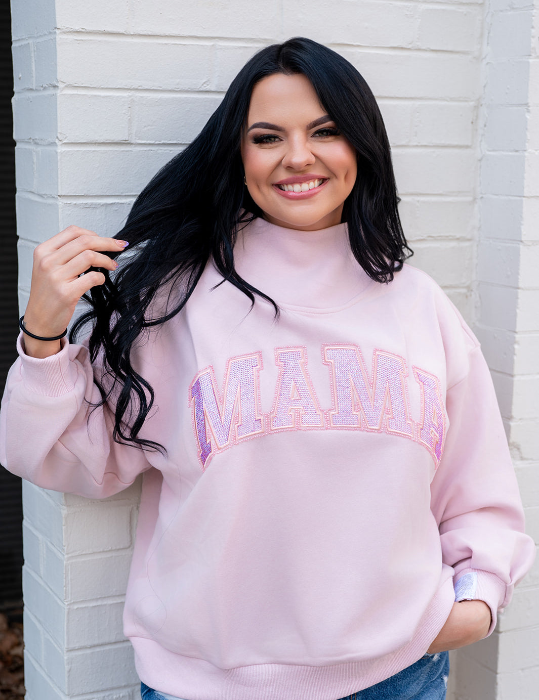Light Pink 'Mama' Mock Neck Sweatshirt - Queen of Sparkles