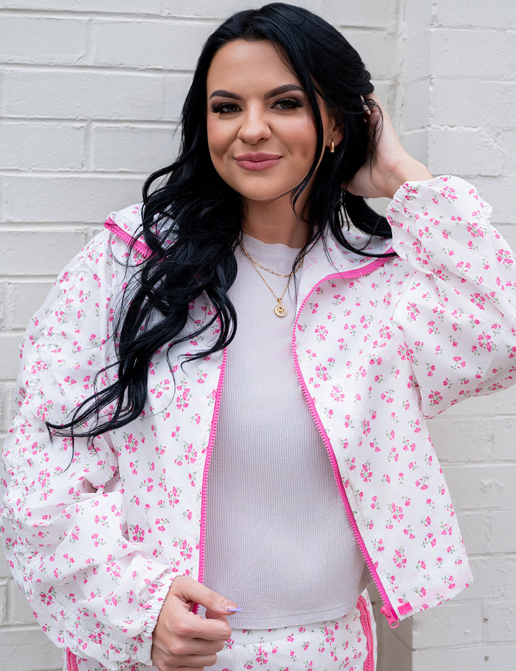 Floral Silky Athletic Jacket With Mesh Lace Trim