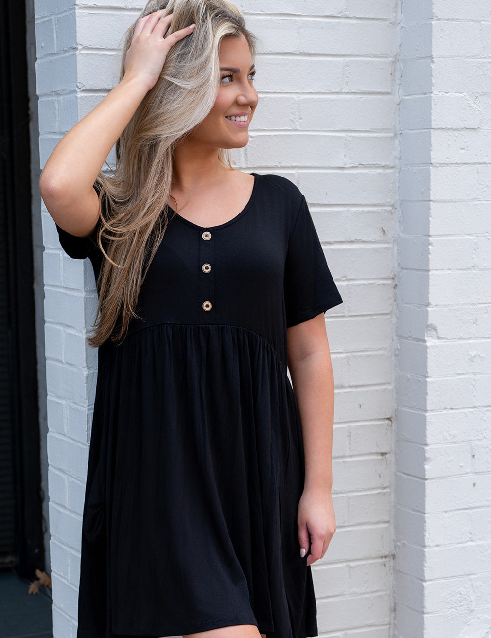 Black V Neck Babydoll Pocket Dress