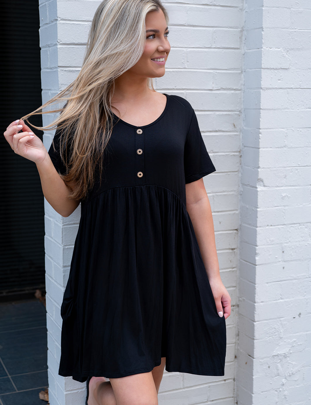 Black V Neck Babydoll Pocket Dress