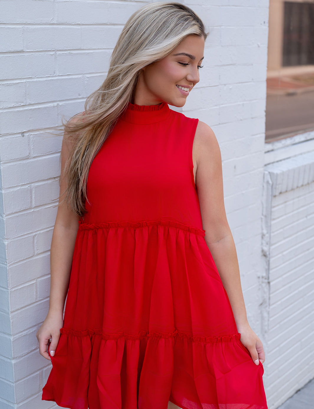 Red Mock Neck Ruffle Tiered Dress