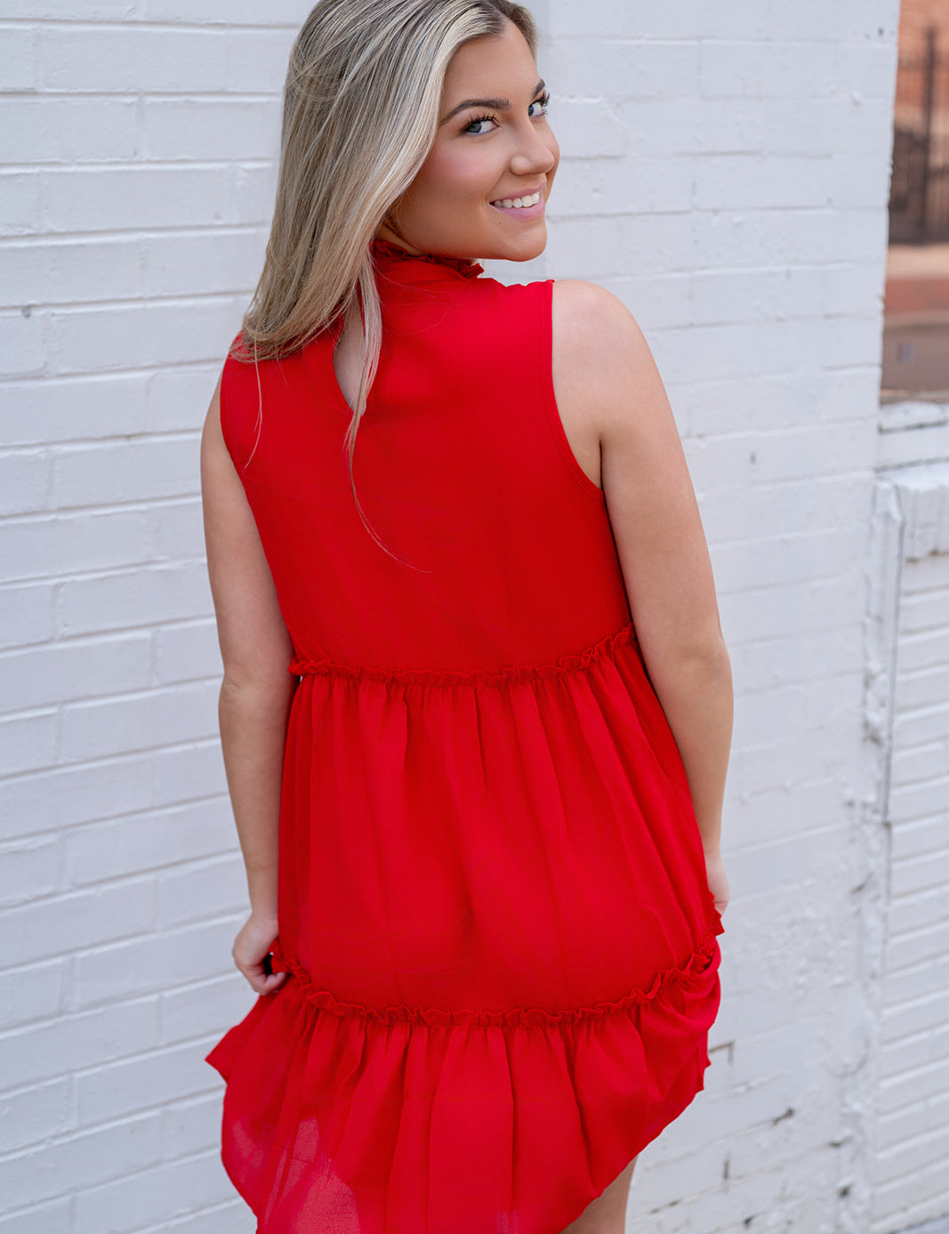 Red Mock Neck Ruffle Tiered Dress