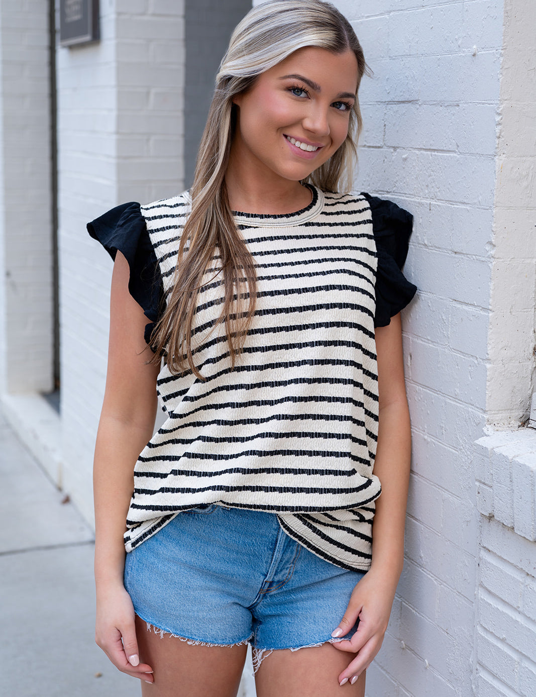 Black Jacquard Striped Ruffle Shoulder Sleeveless Top