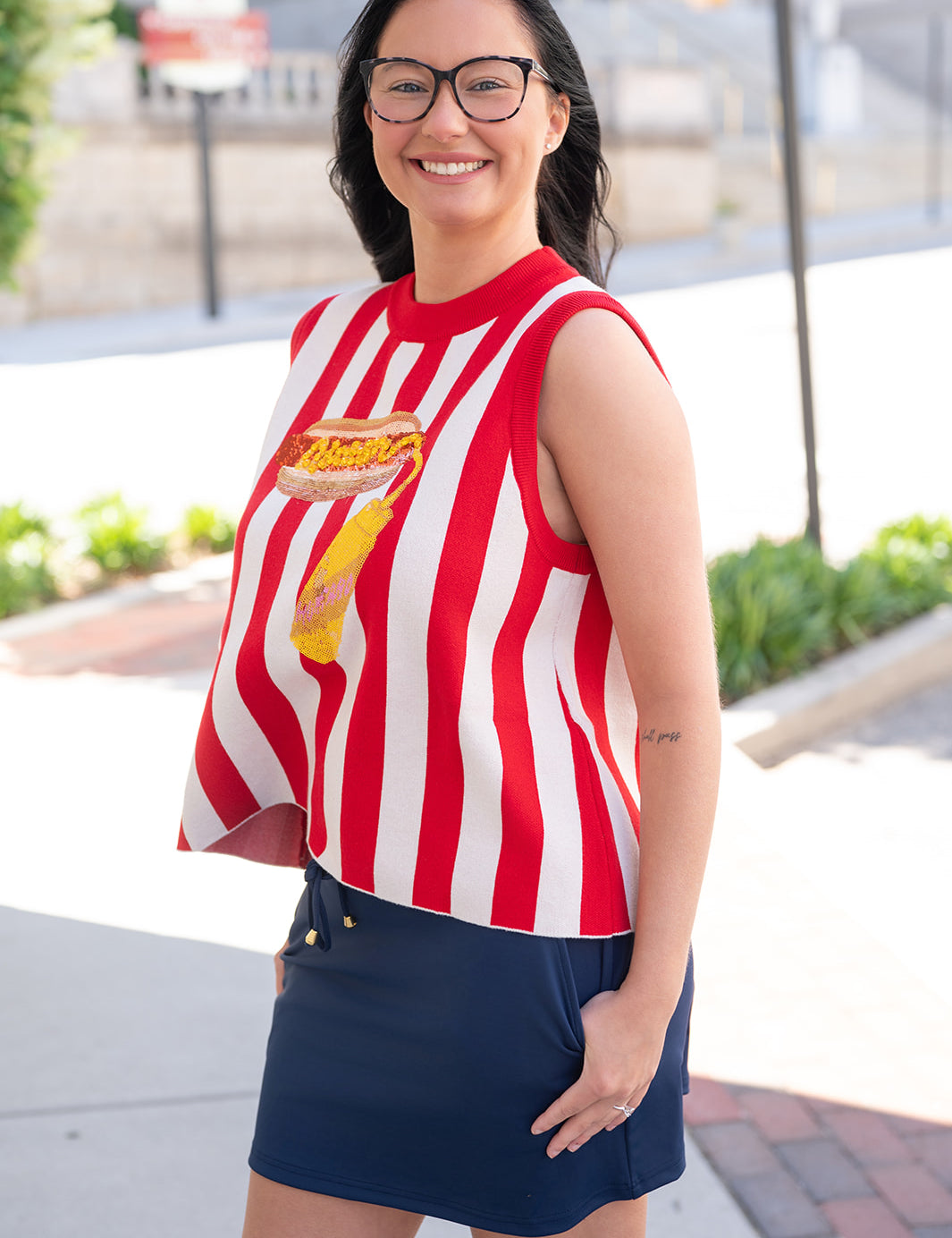 Queen of Sparkles Red and White Stripe Hot Dog Knit Tank