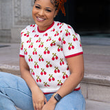 Crew Neck Cherry Jacquard Knitted Crop Top