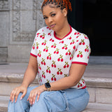 Crew Neck Cherry Jacquard Knitted Crop Top