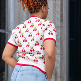 Crew Neck Cherry Jacquard Knitted Crop Top