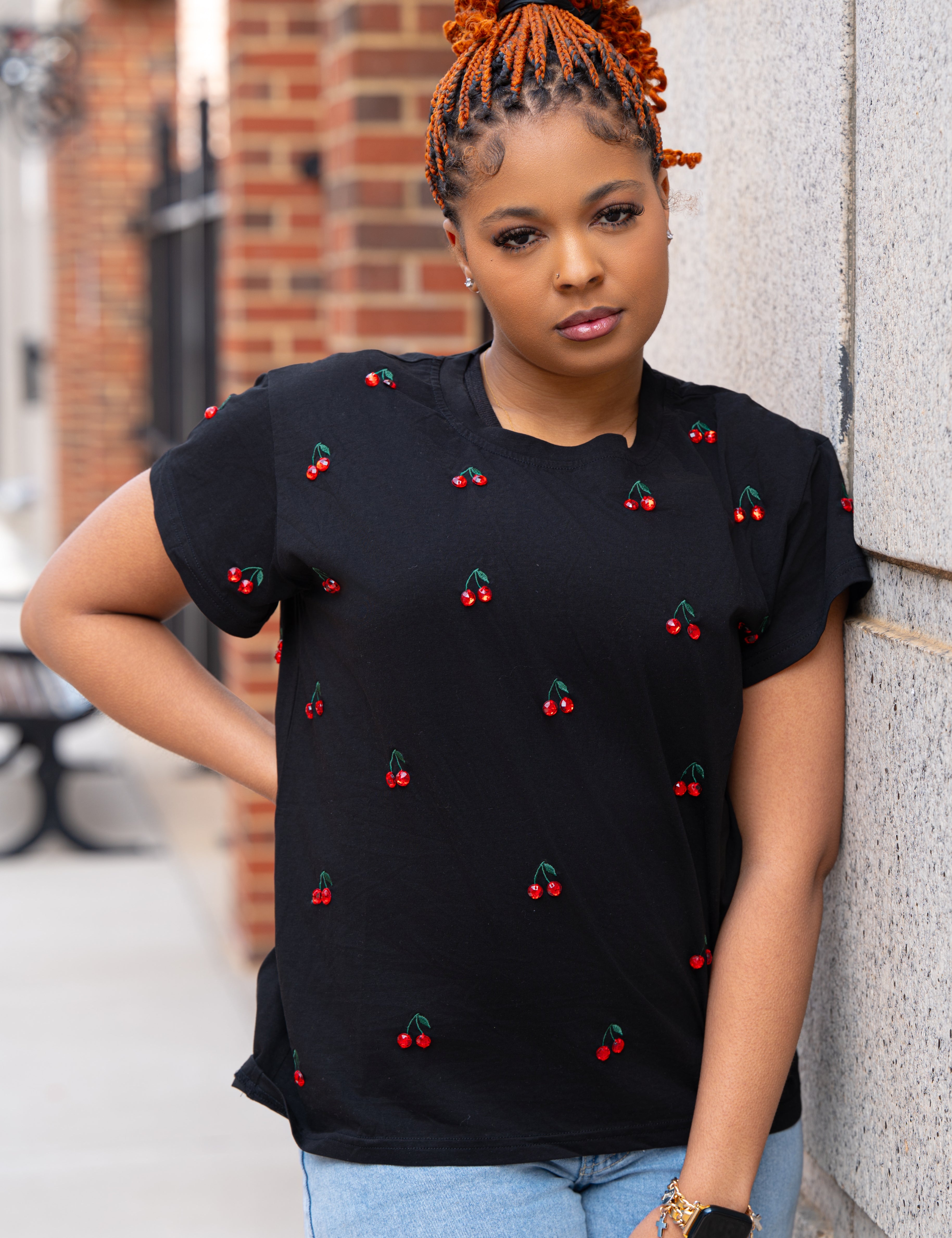 Black Mini Jeweled Cherry Tee – Queen of Sparkles