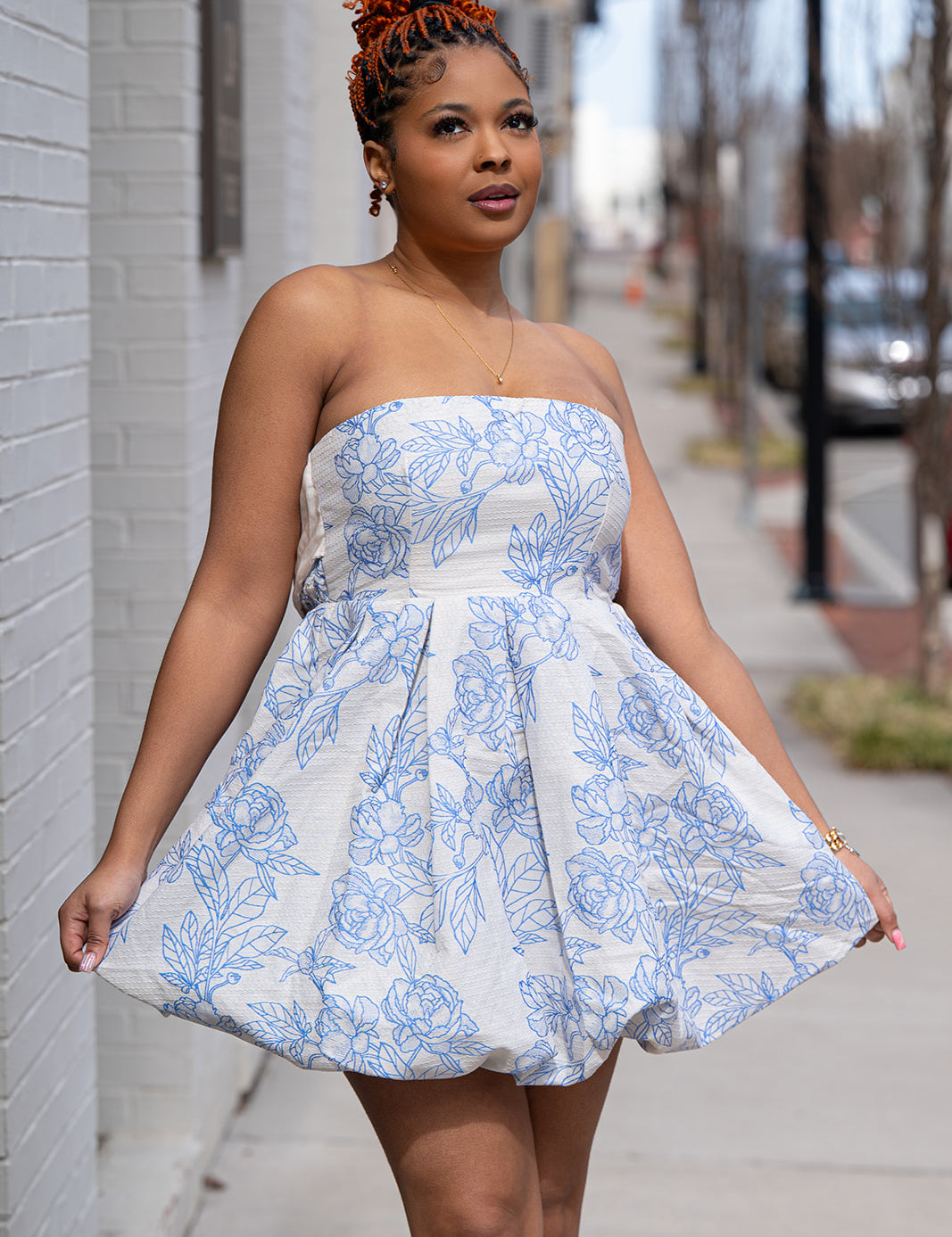 The Blue Floral Strapless Bubble Mini Dress