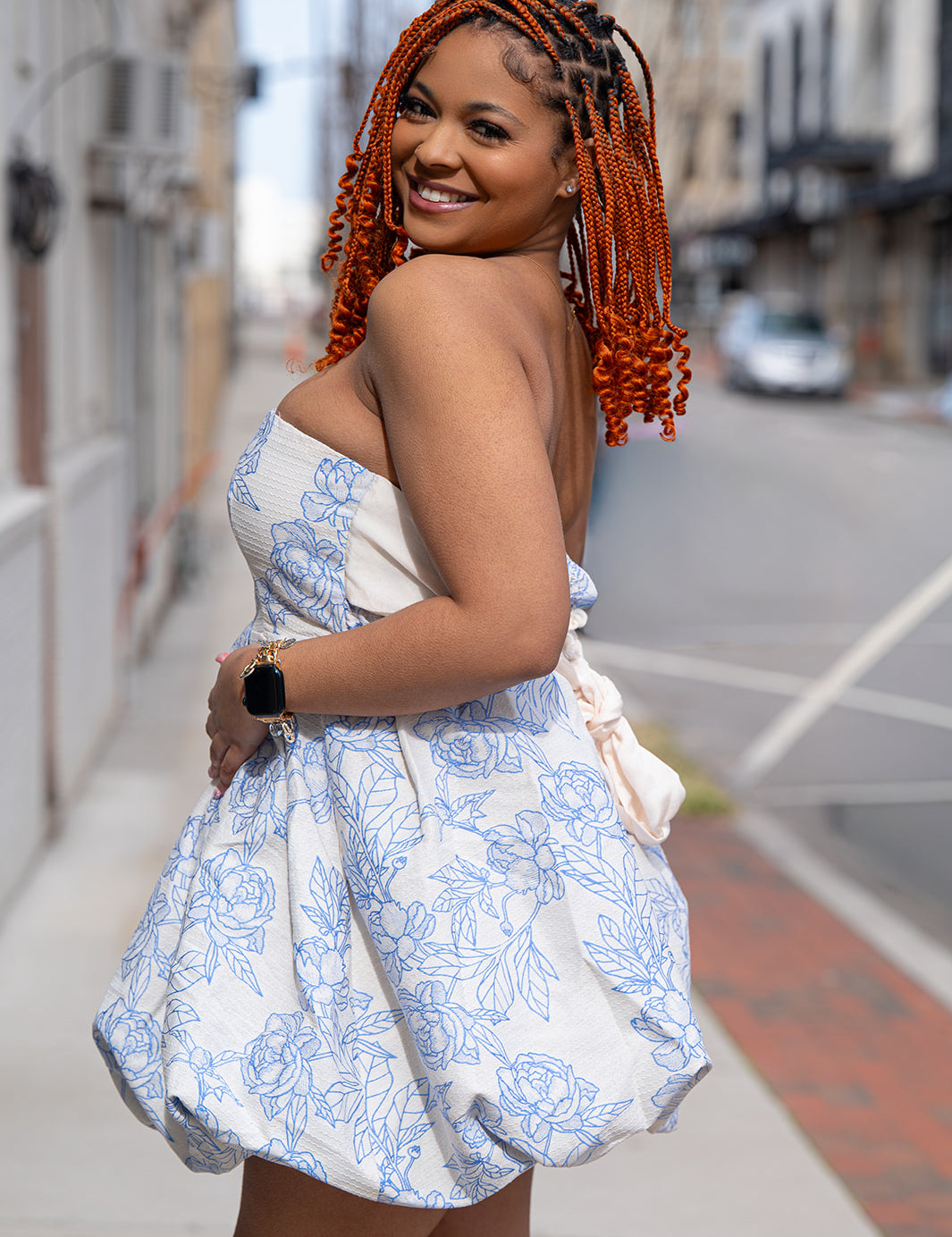 The Blue Floral Strapless Bubble Mini Dress
