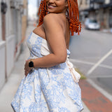 The Blue Floral Strapless Bubble Mini Dress