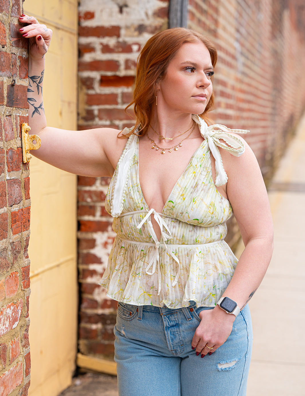 En Saison Sage & Butter Yellow Floral Tie-Shoulder Peplum Top