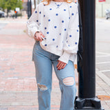 Polka Dot Printed Round Neck French Terry Oversized Sweatshirt White and Navy