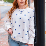 Polka Dot Printed Round Neck French Terry Oversized Sweatshirt White and Navy