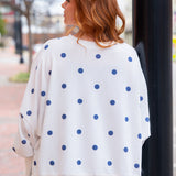Polka Dot Printed Round Neck French Terry Oversized Sweatshirt White and Navy