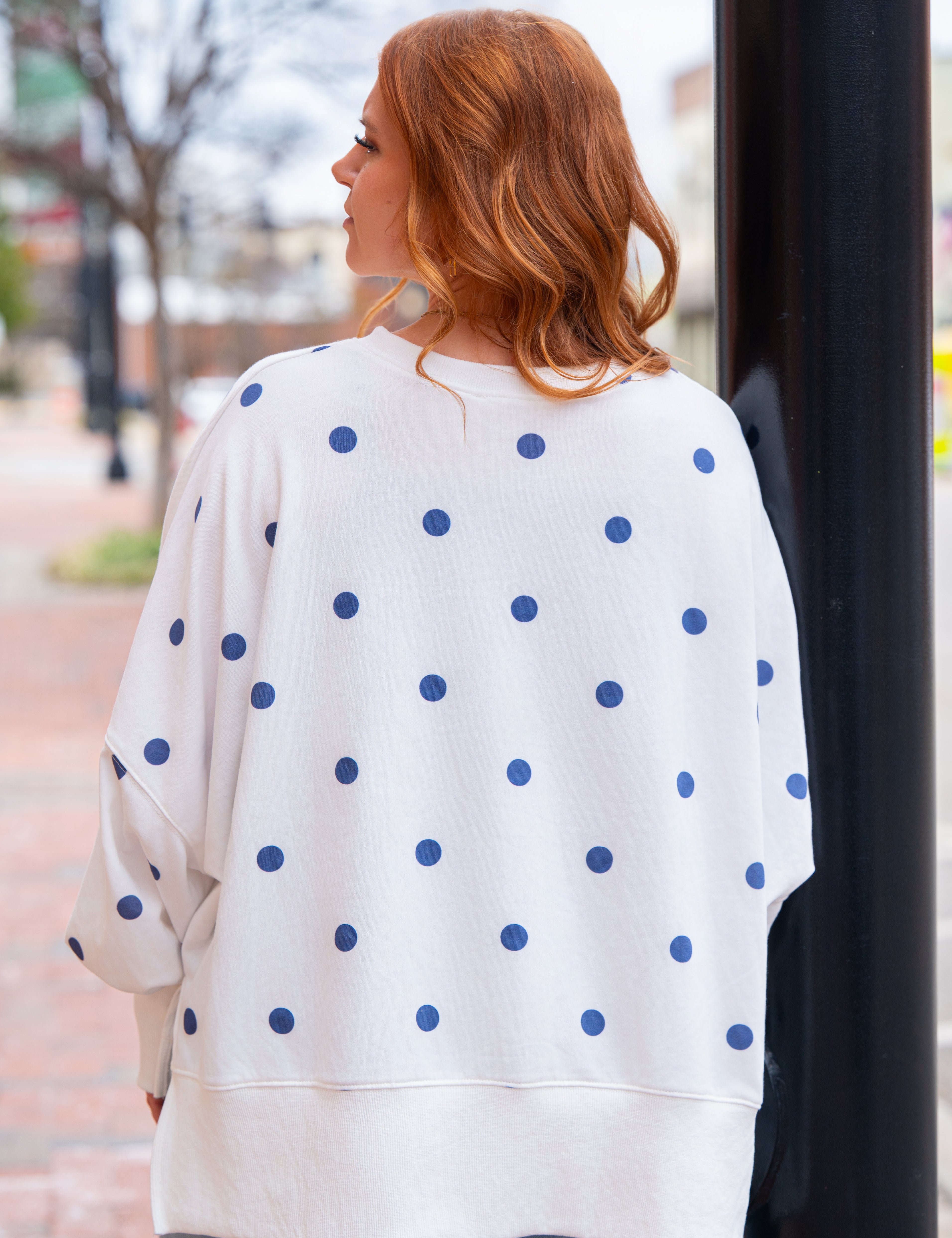 Polka Dot Printed Round Neck French Terry Oversized Sweatshirt White and Navy