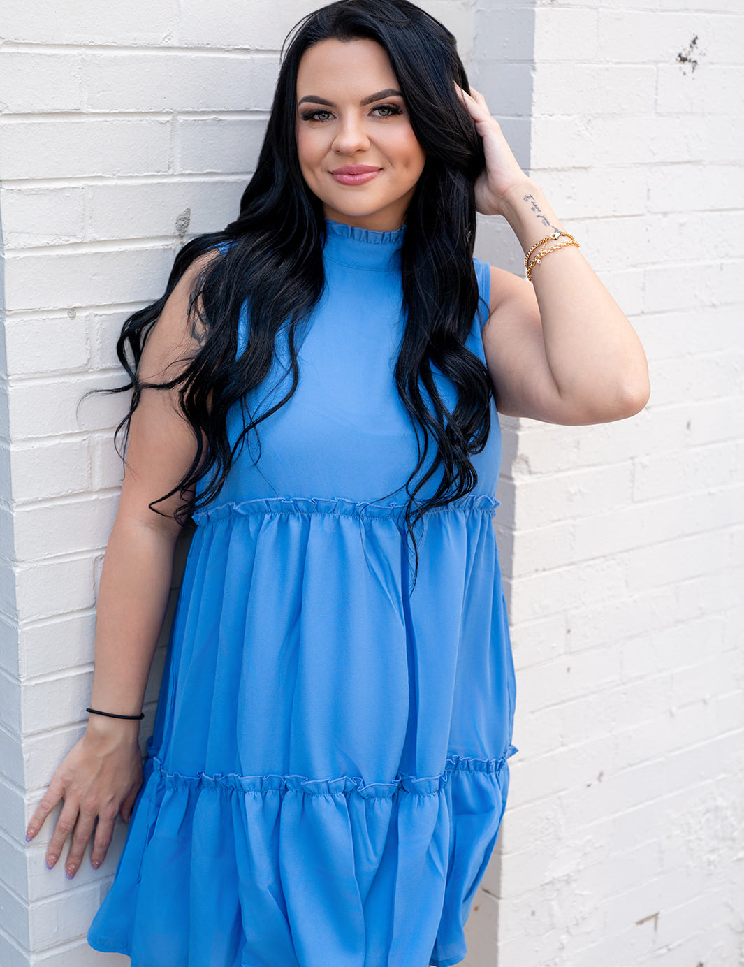 Blue Mock Neck Ruffle Tiered Dress