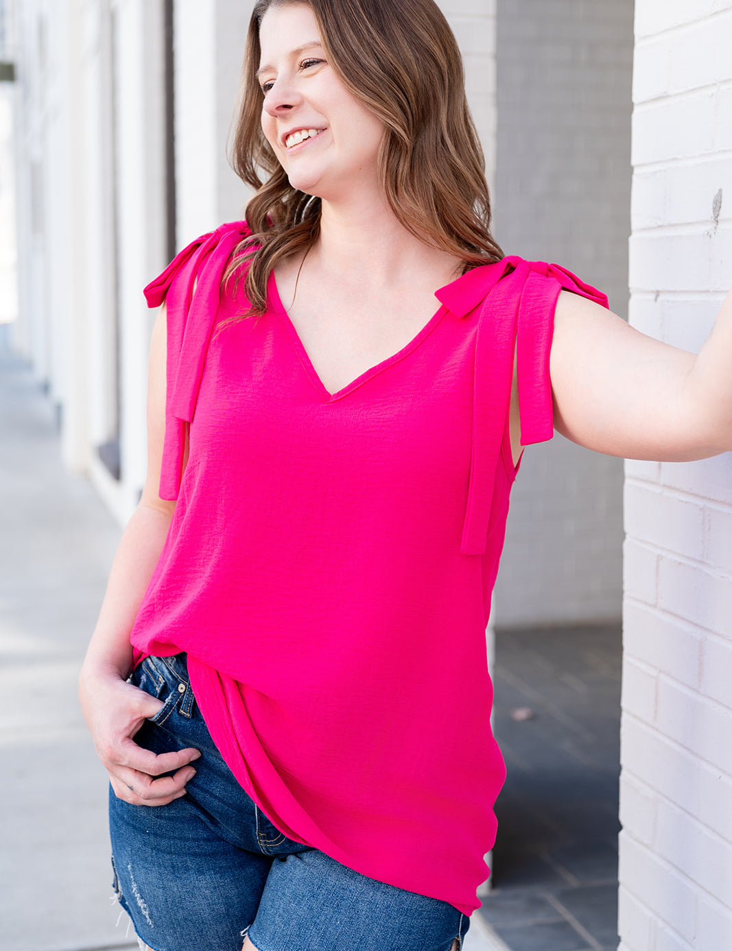 Hot Pink Self Tie Shoulder Flare Tank Top