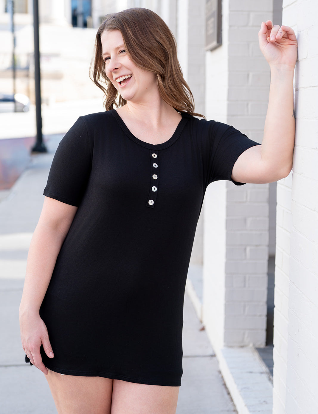 Black Short Sleeve Henley Button Detail Top