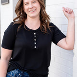 Black Short Sleeve Henley Button Detail Top