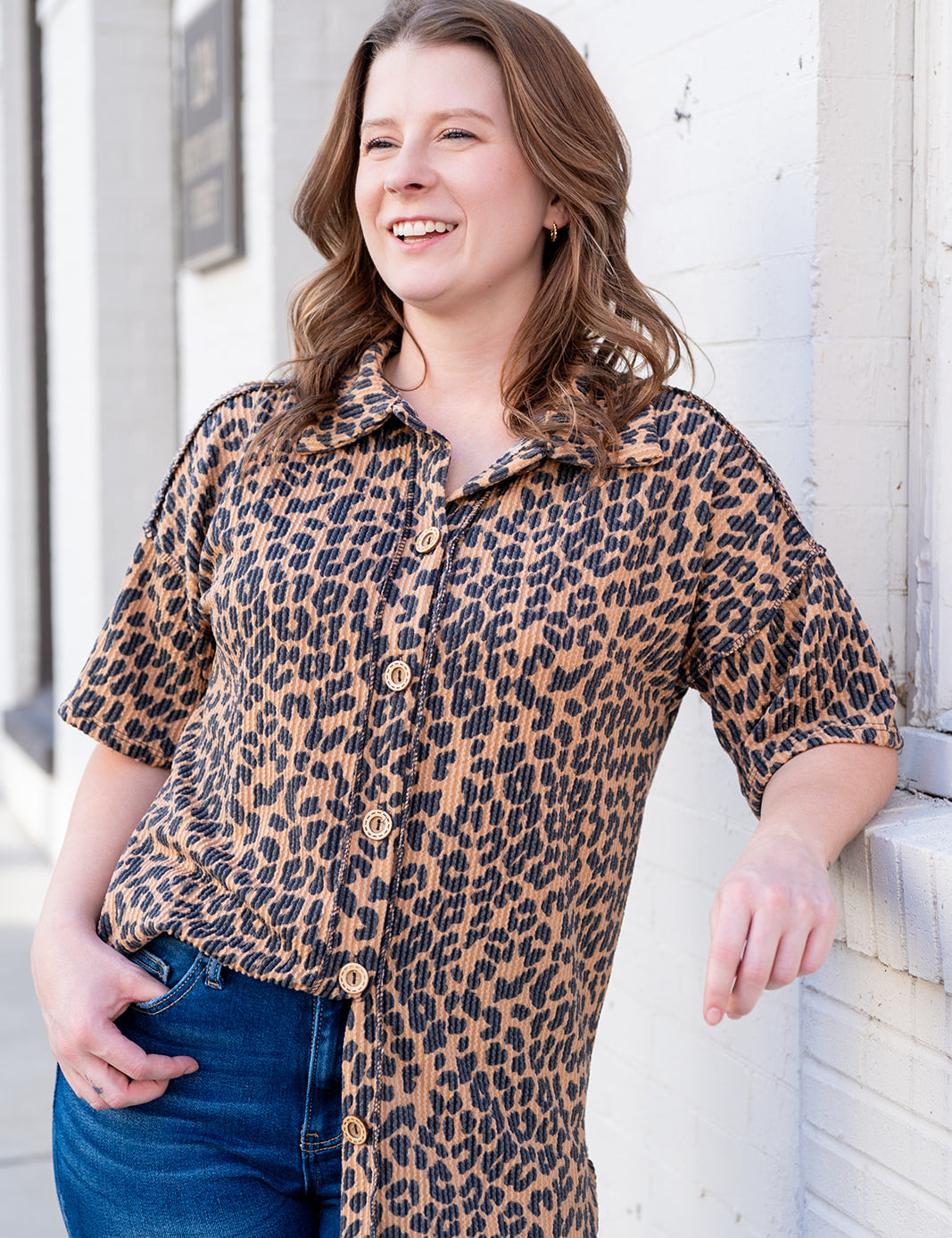 Leopard Print Ribbed Button Down Collared Top