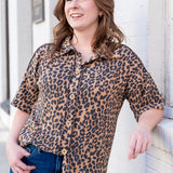Leopard Print Ribbed Button Down Collared Top