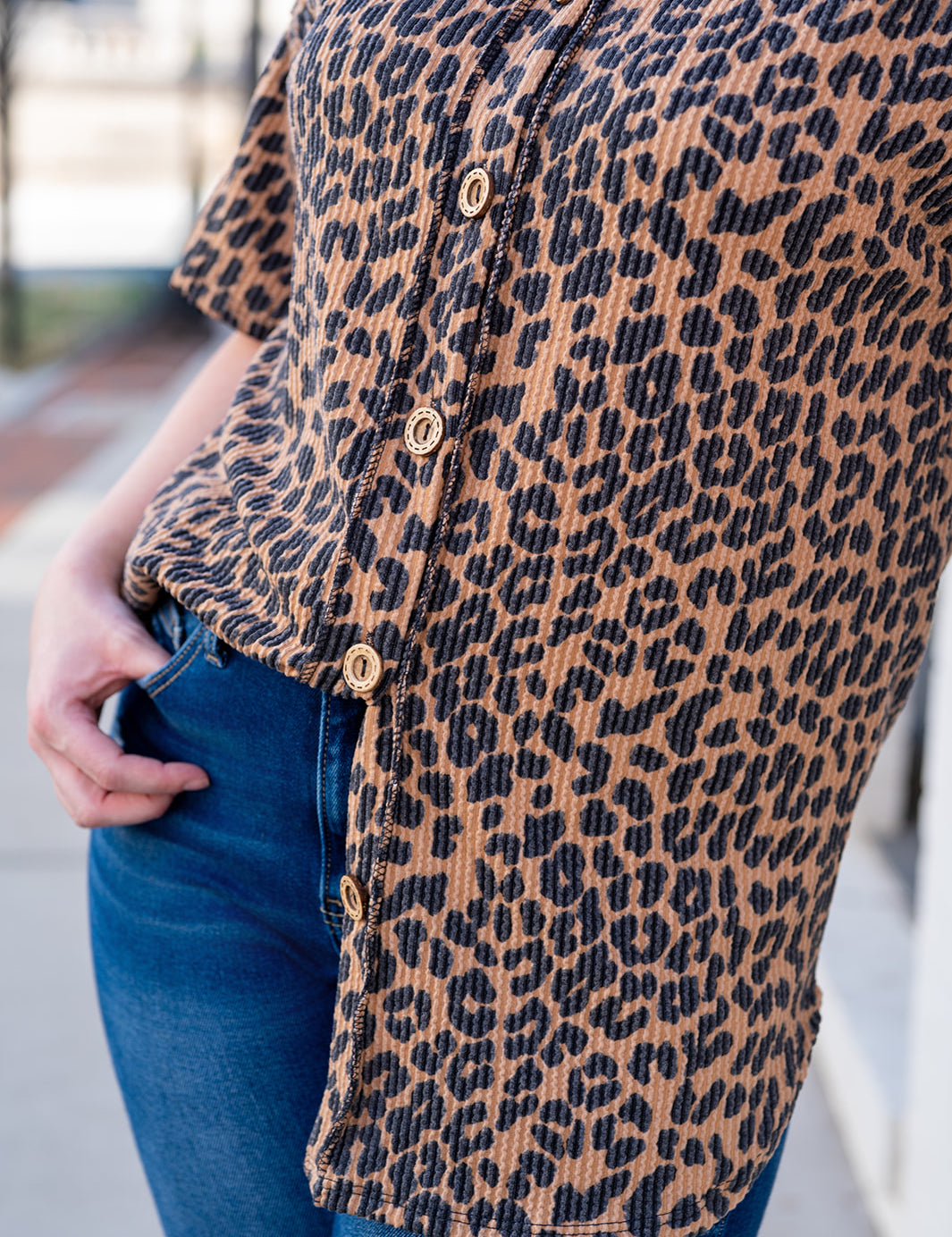 Leopard Print Ribbed Button Down Collared Top