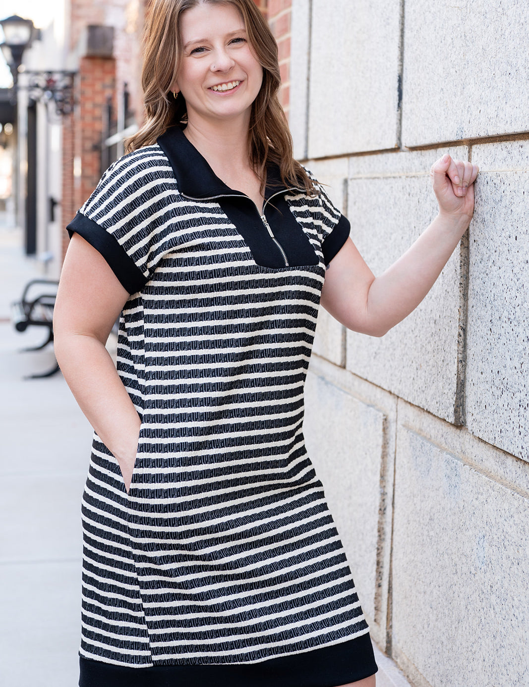 Black And Ivory Striped Zip Front Mini Dress With Pockets