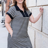 Black And Ivory Striped Zip Front Mini Dress With Pockets