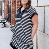 Black And Ivory Striped Zip Front Mini Dress With Pockets