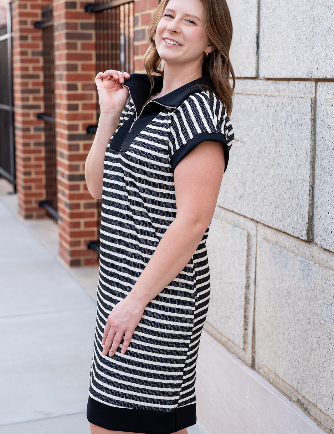 Black And Ivory Striped Zip Front Mini Dress With Pockets