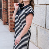 Black And Ivory Striped Zip Front Mini Dress With Pockets