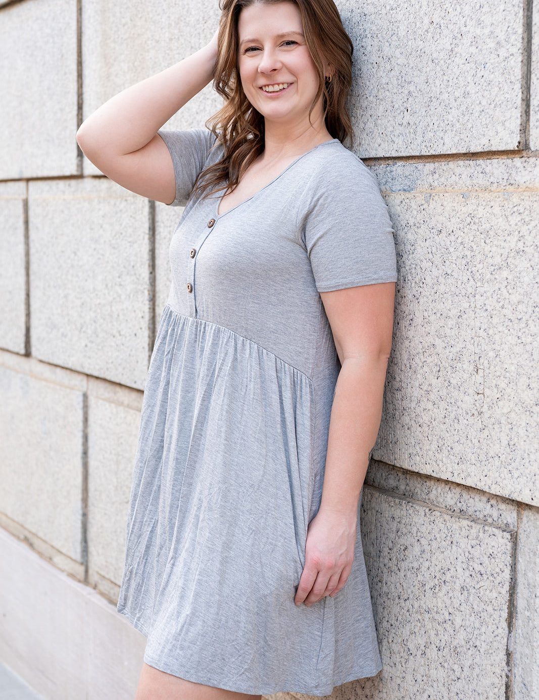 Heather Grey V Neck Babydoll Pocket Dress