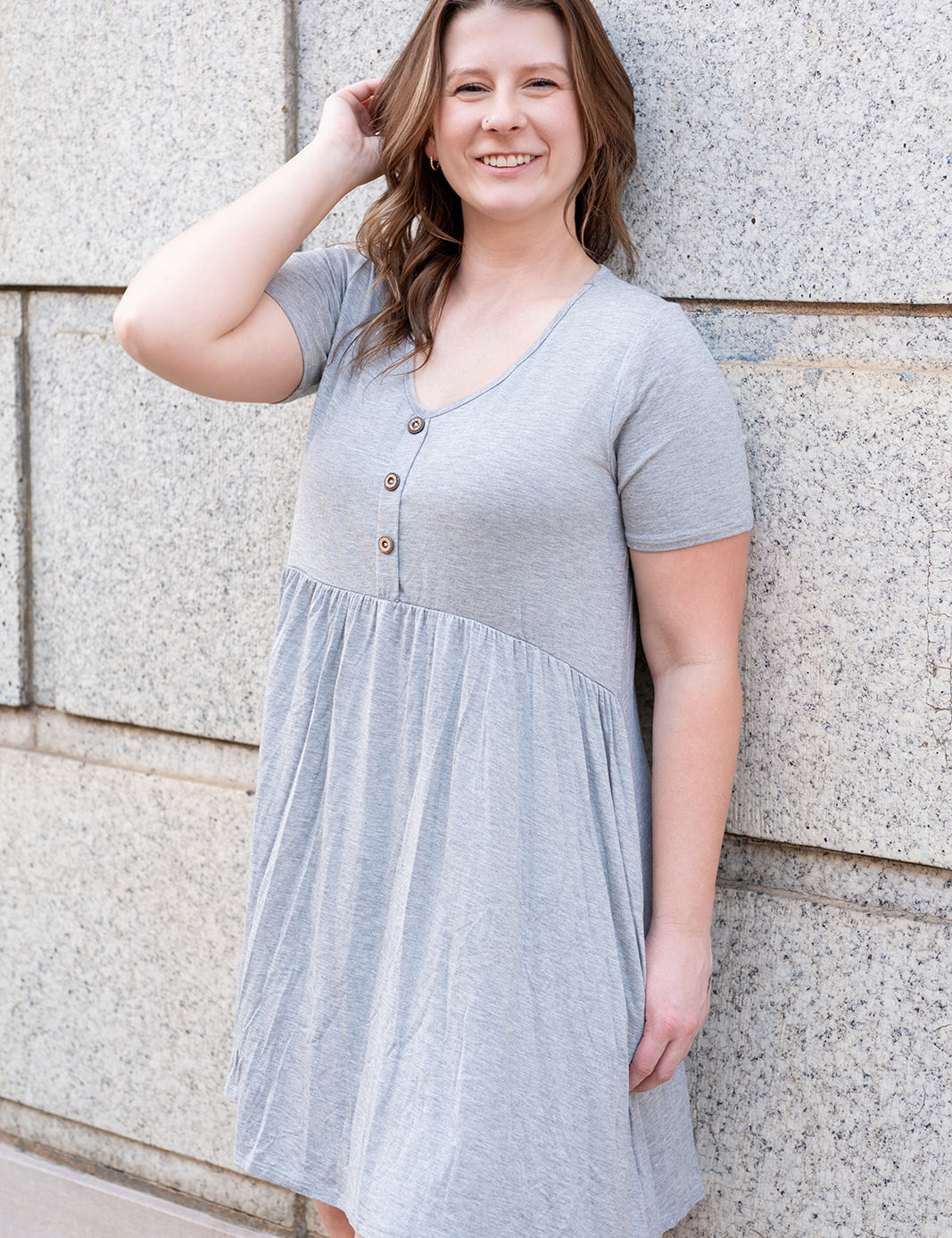 Heather Grey V Neck Babydoll Pocket Dress