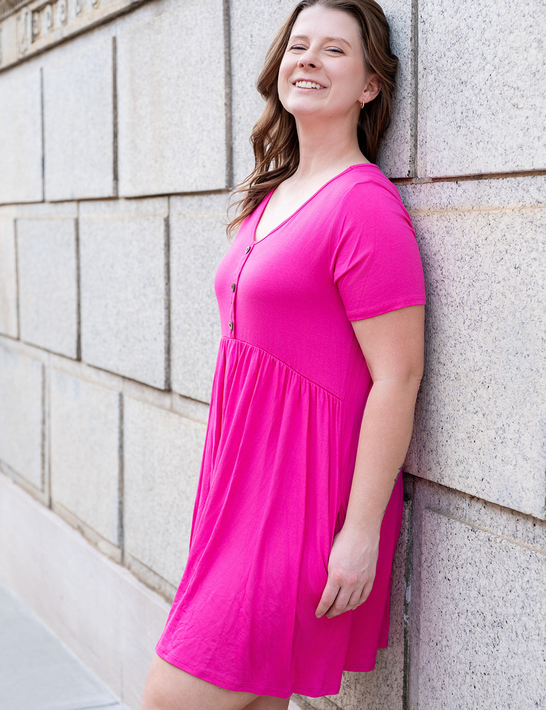 Fuchsia V Neck Babydoll Pocket Dress