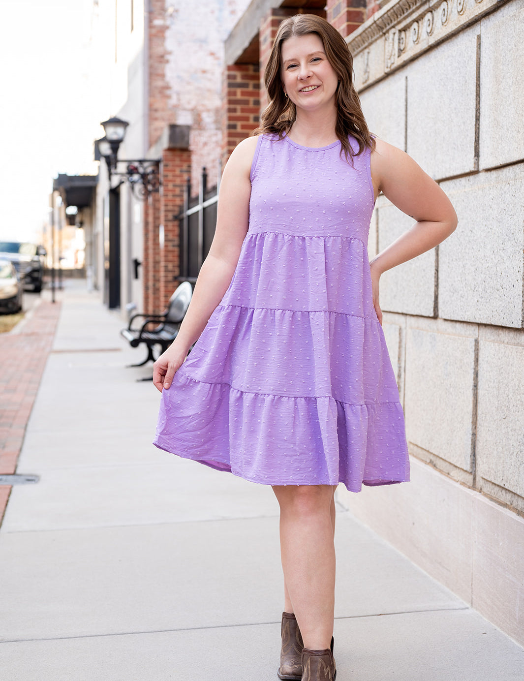 Lilac Swiss Dot Tiered Sleeveless Mini Dress