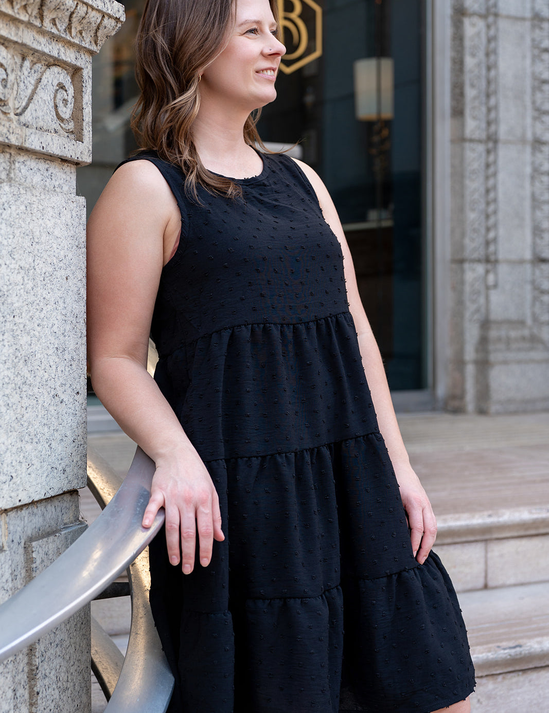 Black Swiss Dot Tiered Sleeveless Mini Dress