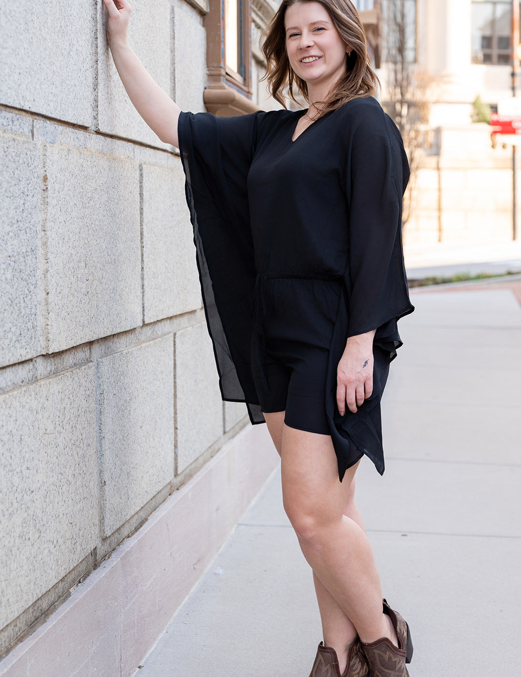 Black V Neck Asymmetrical Sleeve Tie Waist Romper