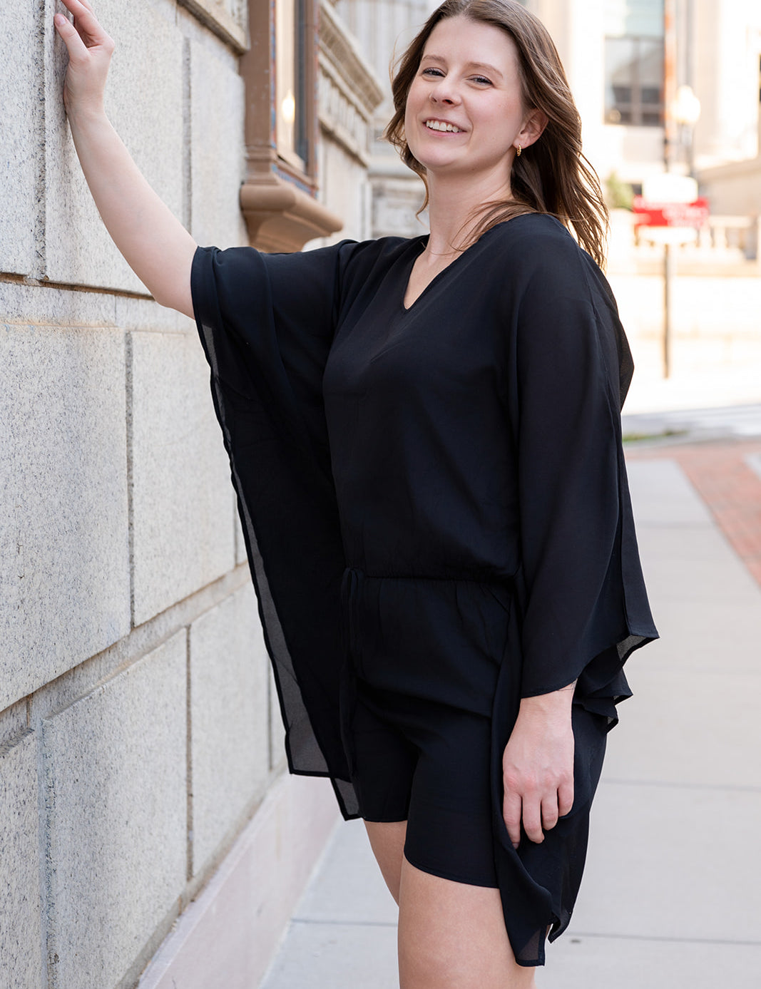 Black V Neck Asymmetrical Sleeve Tie Waist Romper