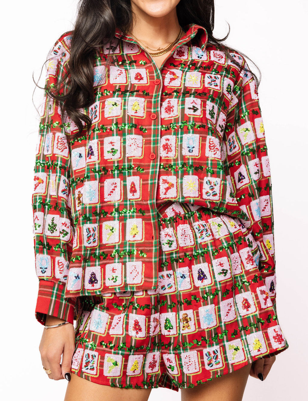 Red Plaid Mahjong Tile Button Up Top - Red [Queen of Sparkles]