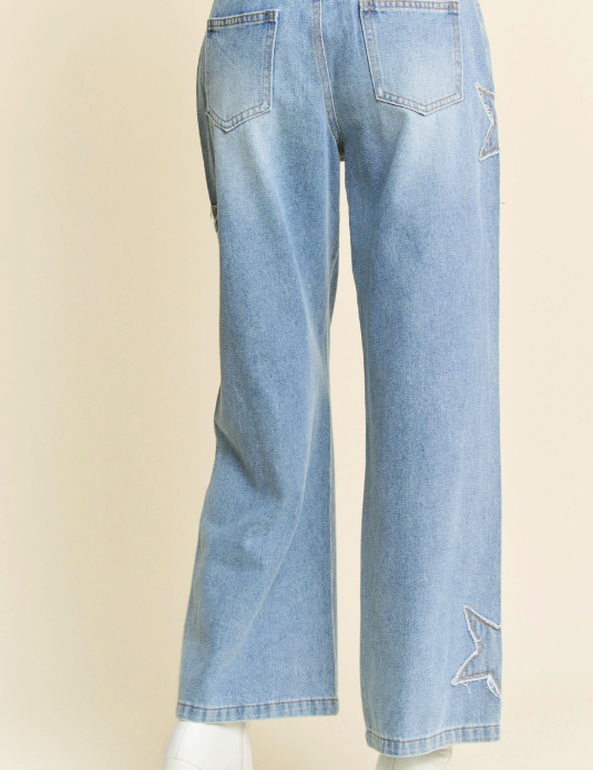 Star Patchwork Side Pocket Wide Leg Denim Pants
