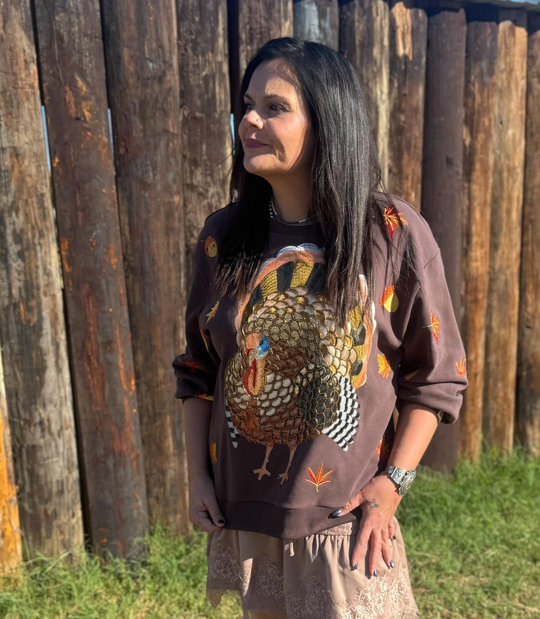 Brown Turkey & Leaves Sweatshirt - Brown [Queen of Sparkles]